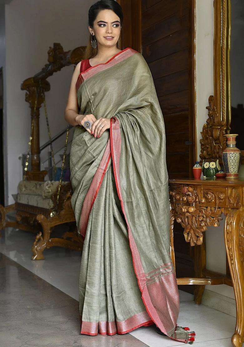 Mehendi Green Color Pure Linen Solid Handloom Saree With Silver Zari Border With Traditional Woven Design For Women - Indya