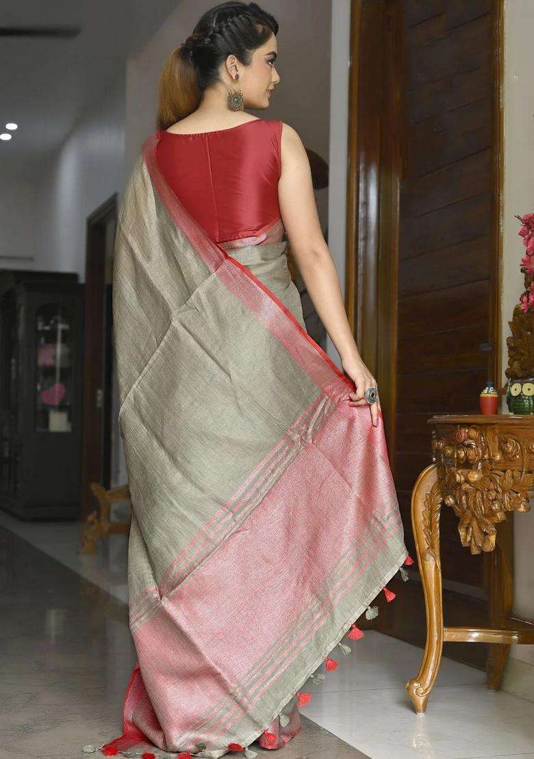 Mehendi Green Color Pure Linen Solid Handloom Saree With Silver Zari Border With Traditional Woven Design For Women - Indya