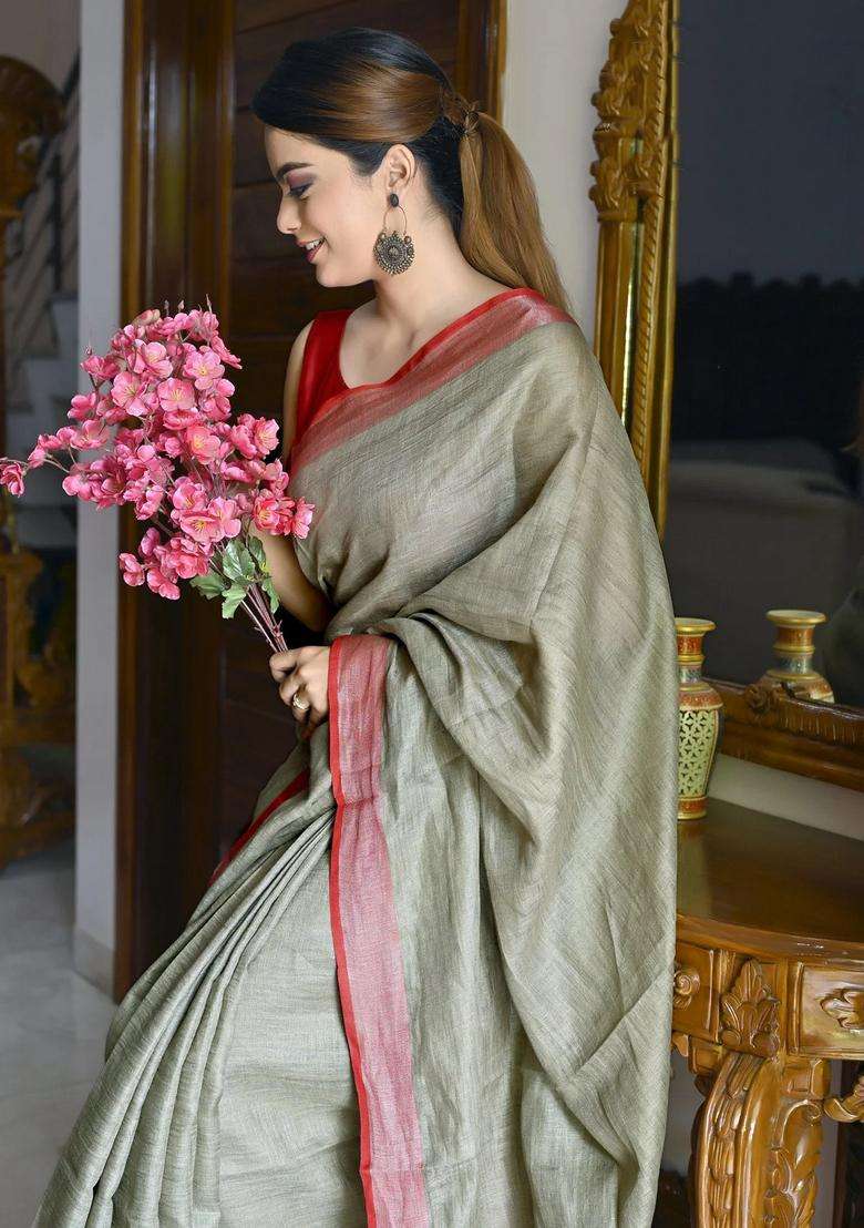 Mehendi Green Color Pure Linen Solid Handloom Saree With Silver Zari Border With Traditional Woven Design For Women - Indya