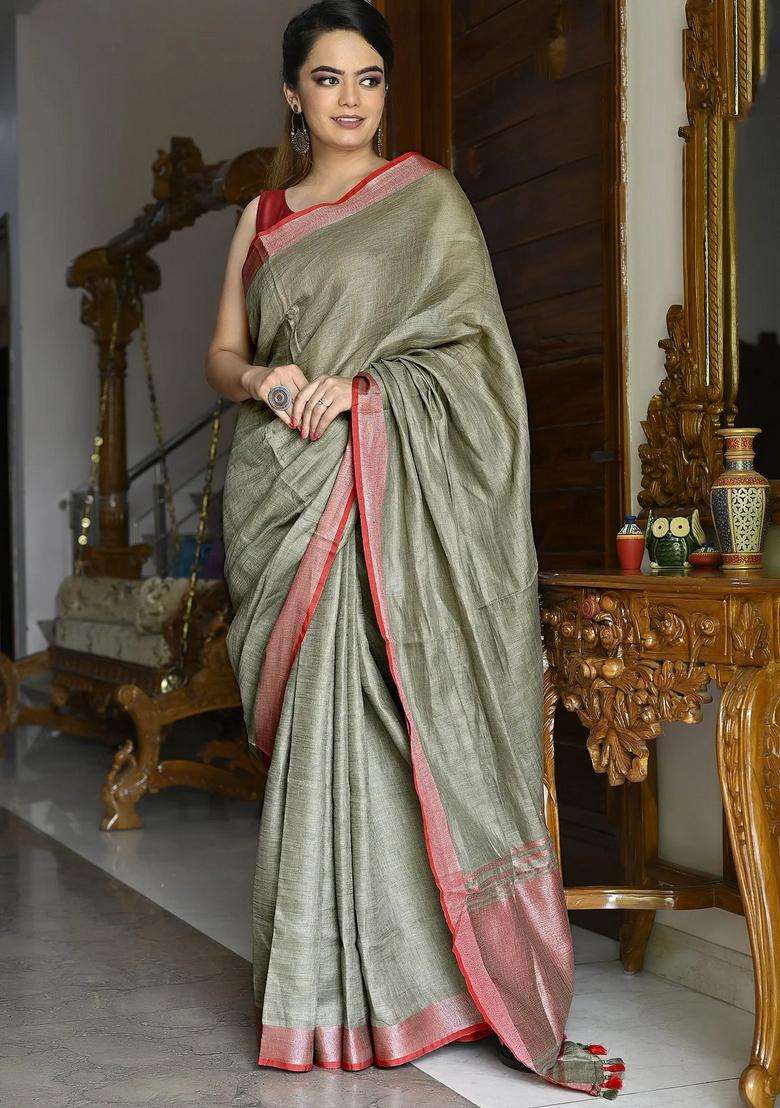 Mehendi Green Color Pure Linen Solid Handloom Saree With Silver Zari Border With Traditional Woven Design For Women - Indya