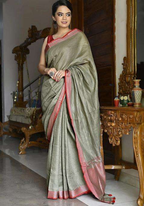 Mehendi Green Color Pure Linen Solid Handloom Saree With Silver Zari Border With Traditional Woven Design For Women