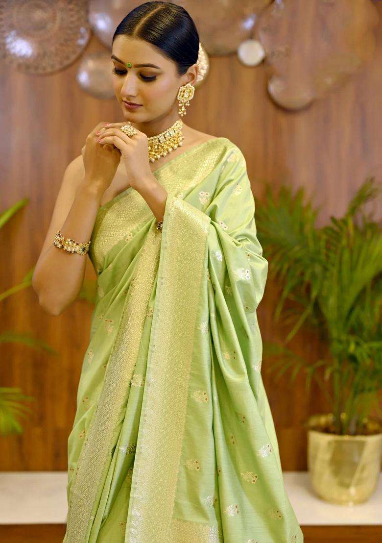 Pista Green Color Pure Banarasi Zari Silk Saree With Zari Border With Traditional Woven Design For Women - Indya