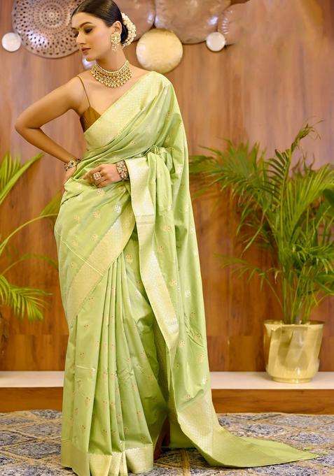 Pista Green Color Pure Banarasi Zari Silk Saree With Zari Border With Traditional Woven Design For Women