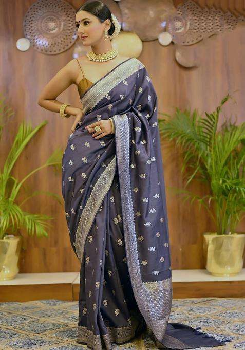 Navy Blue Color Pure Banarasi Silk Saree With Richness Of Silver Zari Border With Traditional Woven Design For Women