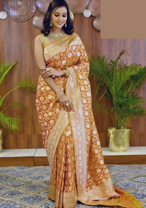 Mustard Yellow Pure Banarasi Katan Silk Saree With Richness Of Zari With Traditional Woven Design For Women