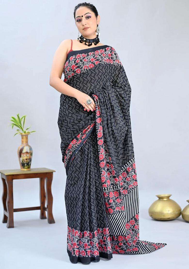 Black Color Pure Cotton Printed Handloom Saree For Women - Indya