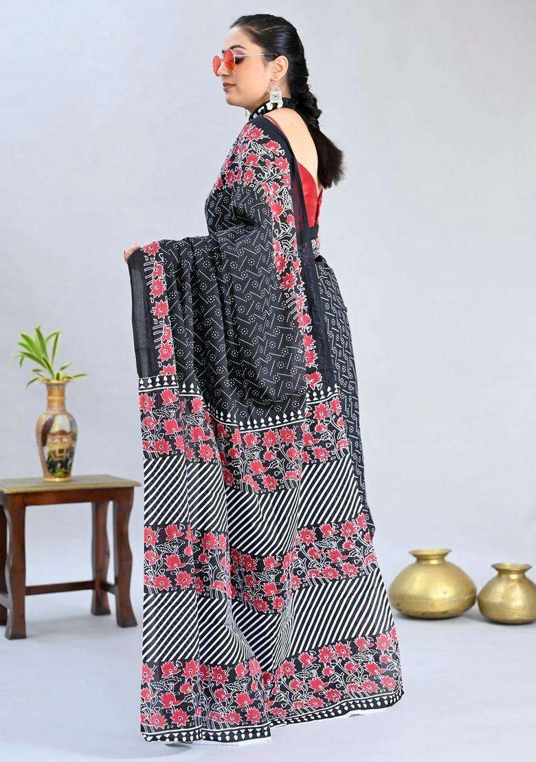 Black Color Pure Cotton Printed Handloom Saree For Women - Indya