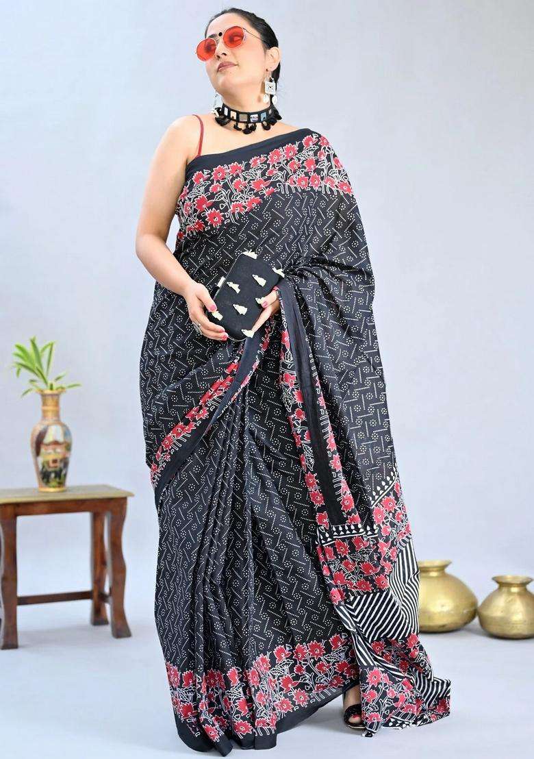 Black Color Pure Cotton Printed Handloom Saree For Women - Indya