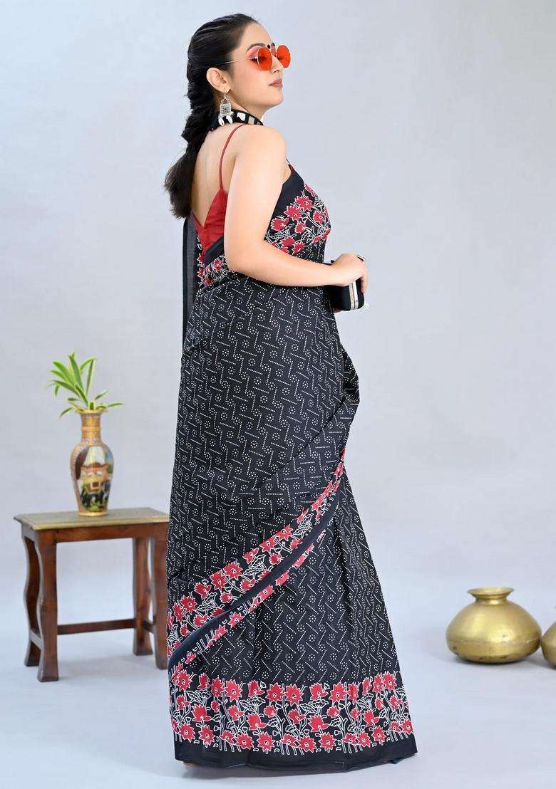 Black Color Pure Cotton Printed Handloom Saree For Women - Indya