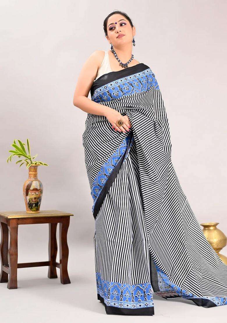 Black Color Pure Cotton Printed Handloom Saree For Women - Indya