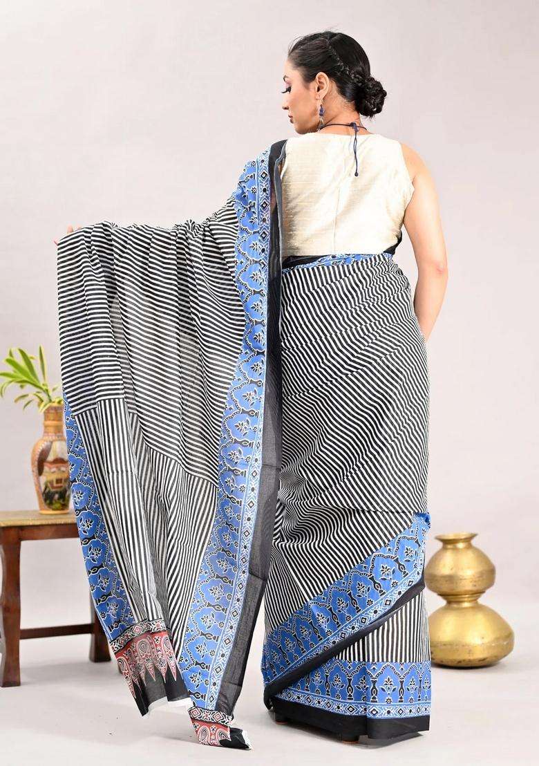 Black Color Pure Cotton Printed Handloom Saree For Women - Indya