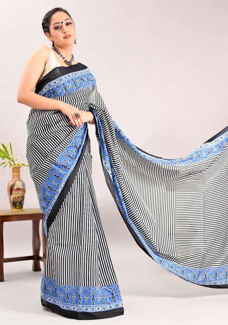 Black Color Pure Cotton Printed Handloom Saree For Women - Indya