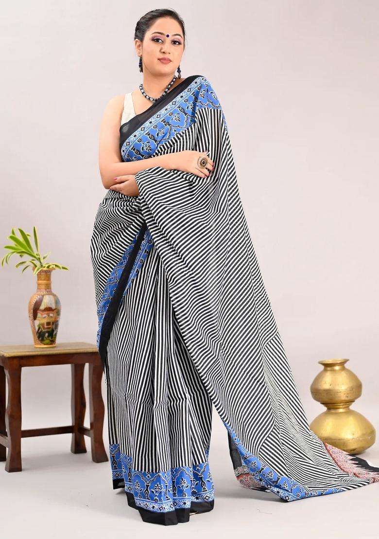 Black Color Pure Cotton Printed Handloom Saree For Women - Indya