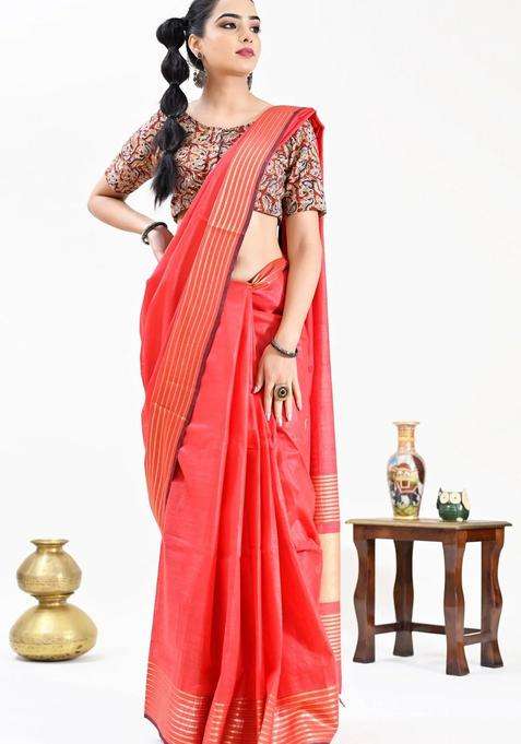 Red Color Pure Cotton Solid Maheshwari Handloom Saree With Traditional Woven Design For Women