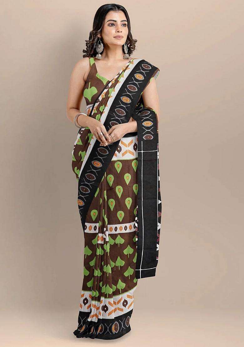 Brown Color Pure Cotton Hand Block Printed Handloom Saree For Women - Indya