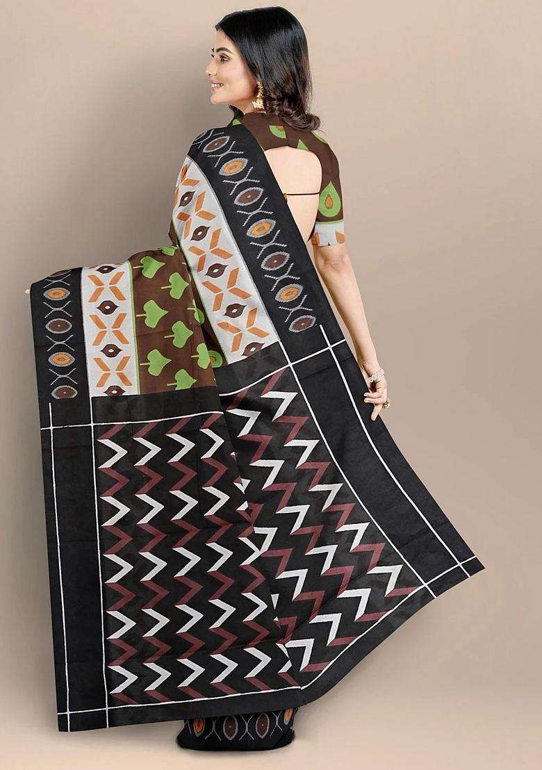 Brown Color Pure Cotton Hand Block Printed Handloom Saree For Women - Indya