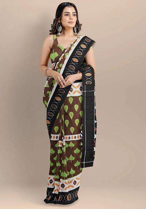 Brown Color Pure Cotton Hand Block Printed Handloom Saree For Women