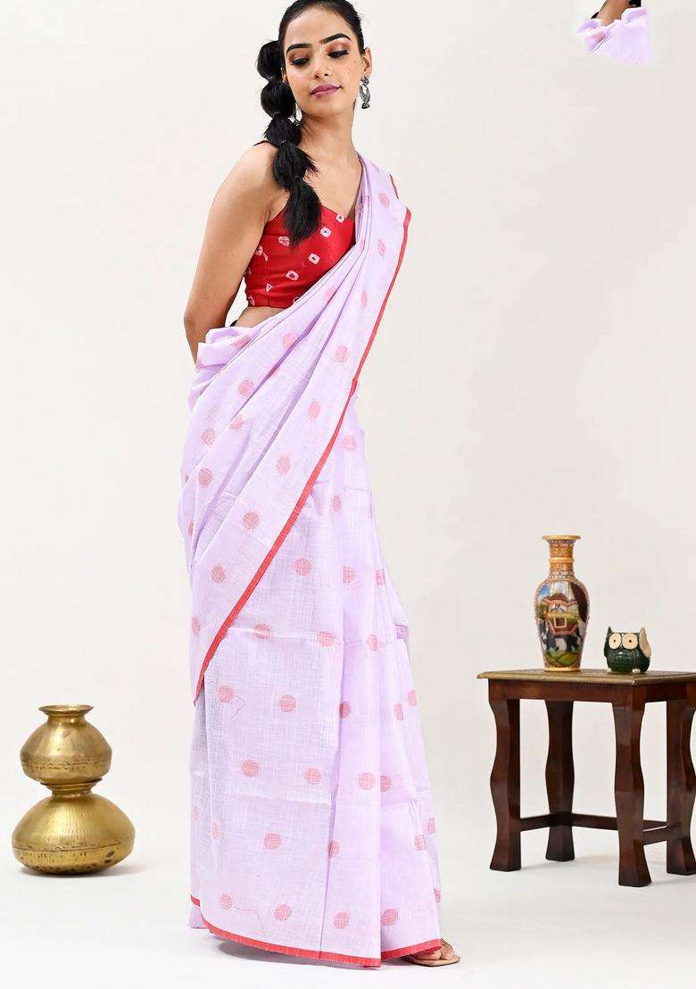 Purple Color Woven Design Pure Cotton Taant Handloom Saree With Traditional Woven Design For Women - Indya