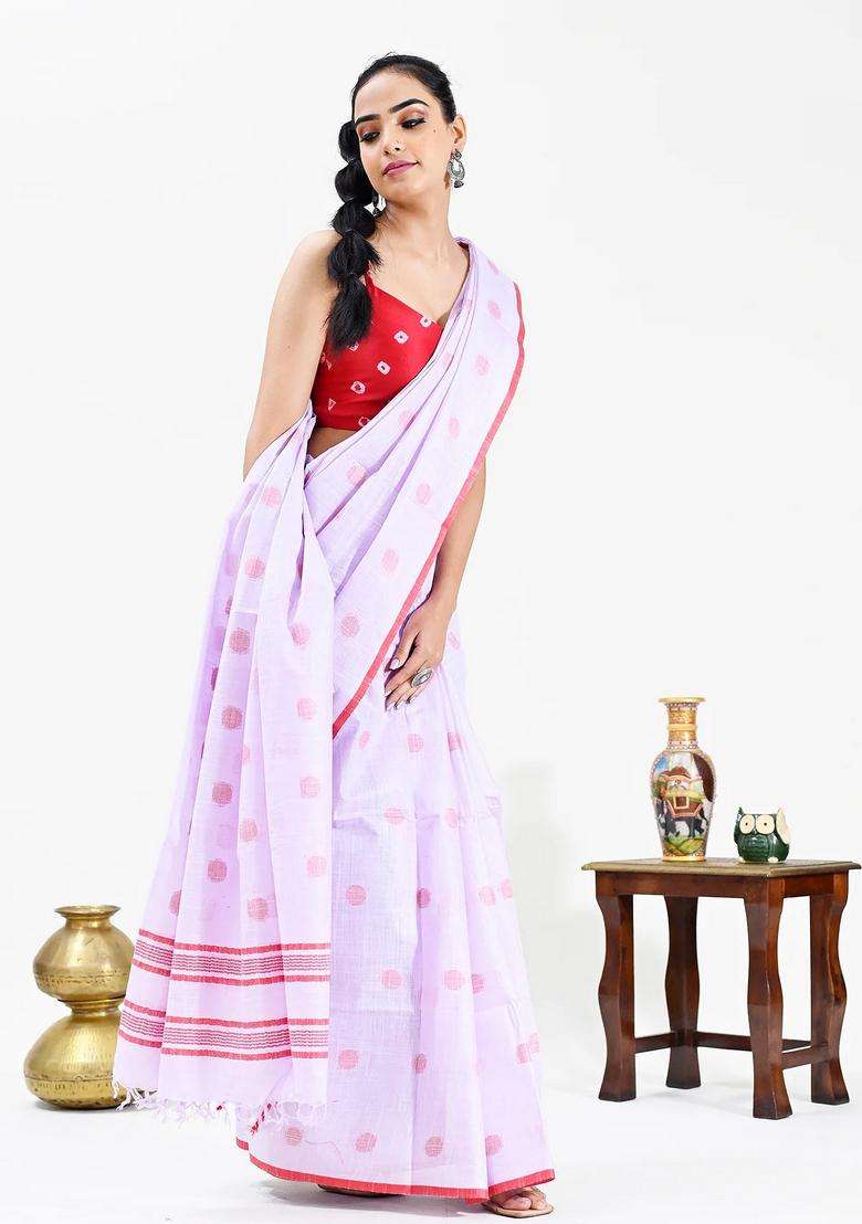 Purple Color Woven Design Pure Cotton Taant Handloom Saree With Traditional Woven Design For Women - Indya