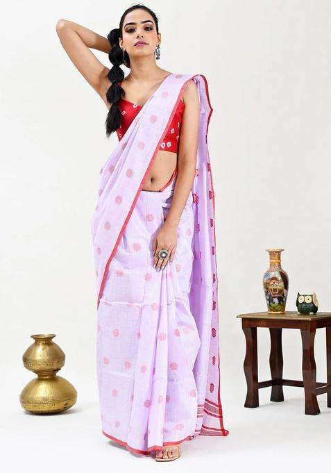 Purple Color Woven Design Pure Cotton Taant Handloom Saree With Traditional Woven Design For Women