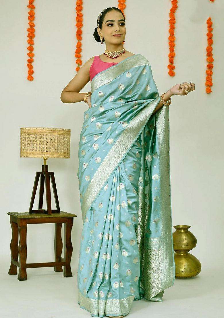 Bluish Grey Soft Banarasi Silk Saree With Richness Of Zari With Traditional Woven Design For Women - Indya