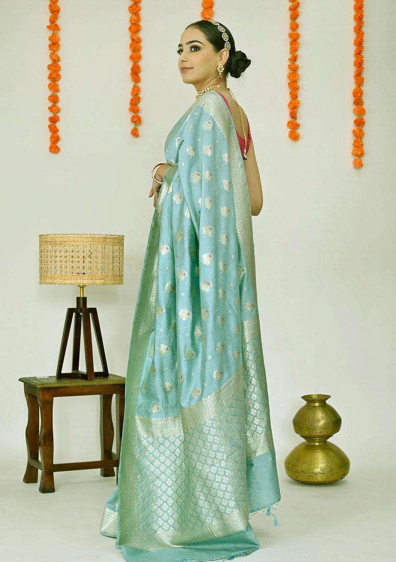 Bluish Grey Soft Banarasi Silk Saree With Richness Of Zari With Traditional Woven Design For Women - Indya