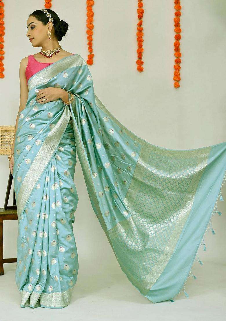 Bluish Grey Soft Banarasi Silk Saree With Richness Of Zari With Traditional Woven Design For Women - Indya