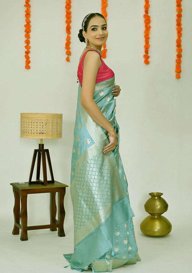 Bluish Grey Soft Banarasi Silk Saree With Richness Of Zari With Traditional Woven Design For Women - Indya