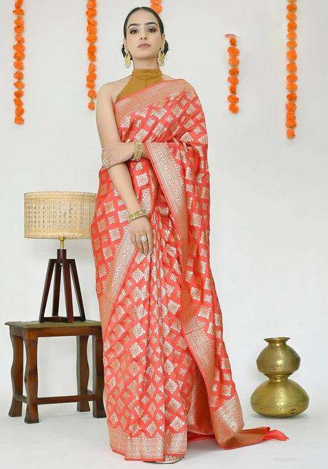 Blood Red Pure Banarasi Silk Saree With Richness Of Zari Border And Pallu With Traditional Woven Design For Women