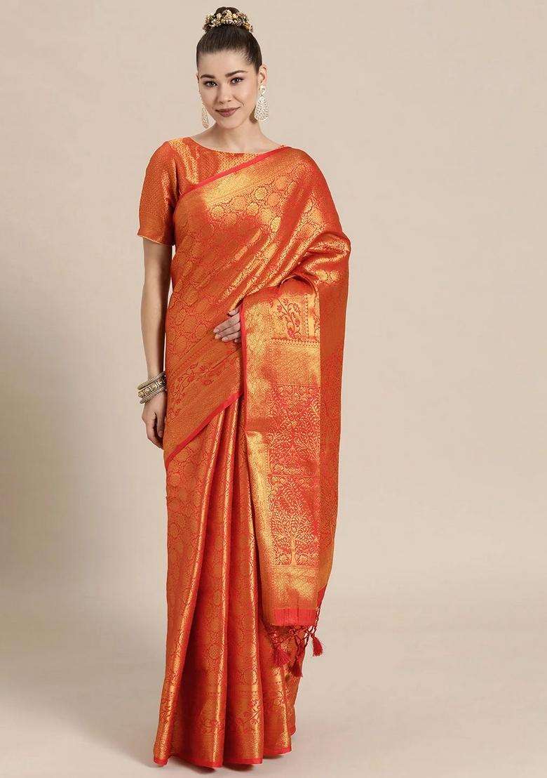 Orange And Gold Colored Silk Blend Woven Design Banarasi Saree With Traditional Woven Design For Women - Indya