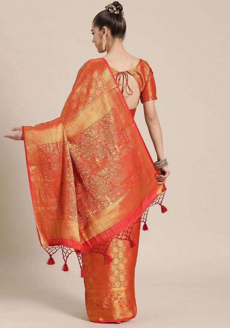 Orange And Gold Colored Silk Blend Woven Design Banarasi Saree With Traditional Woven Design For Women - Indya