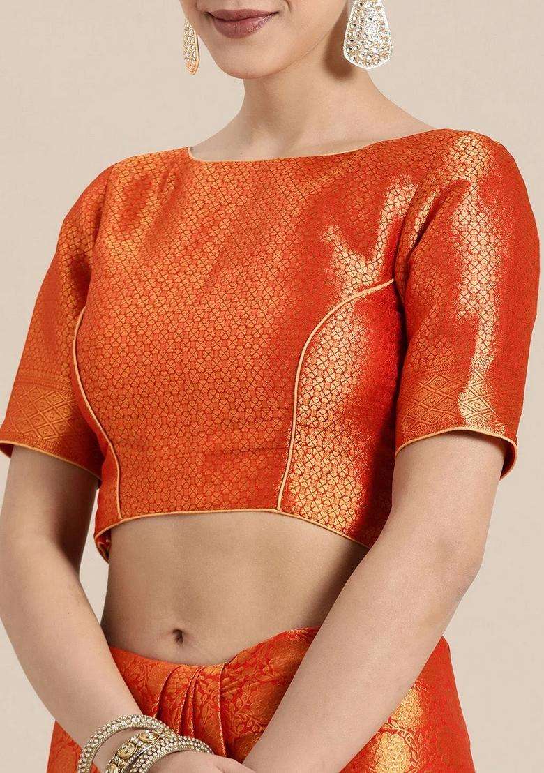 Orange And Gold Colored Silk Blend Woven Design Banarasi Saree With Traditional Woven Design For Women - Indya