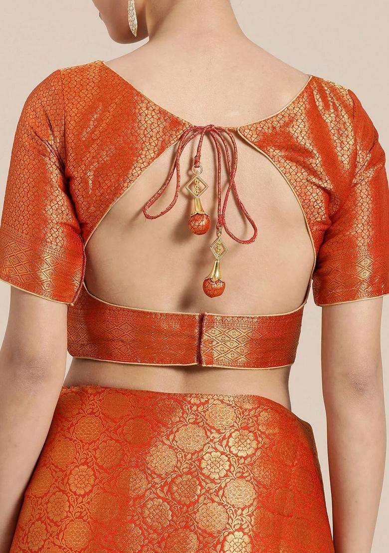 Orange And Gold Colored Silk Blend Woven Design Banarasi Saree With Traditional Woven Design For Women - Indya