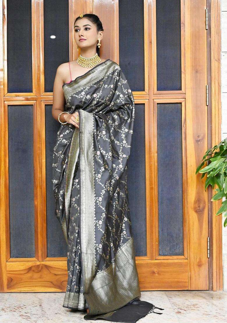 Charcoal Black Soft Silk Banarasi Saree With Zari Richenss With Traditional Woven Design For Women - Indya