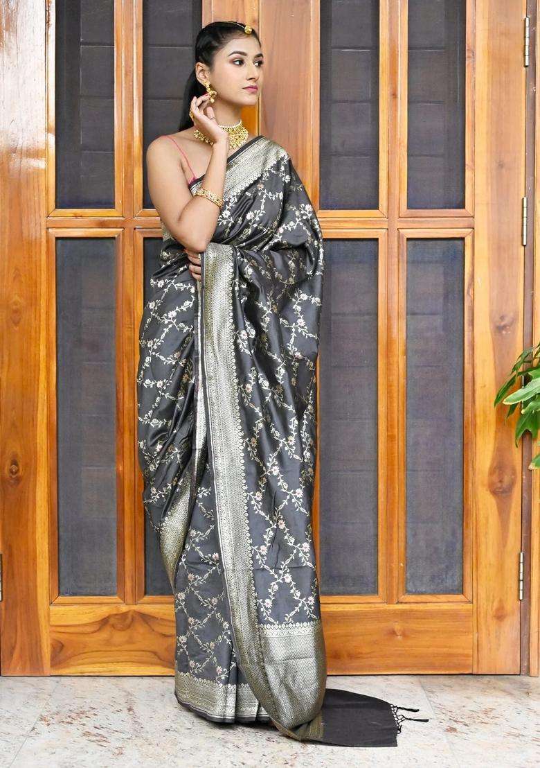Charcoal Black Soft Silk Banarasi Saree With Zari Richenss With Traditional Woven Design For Women - Indya