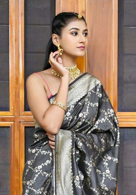 Charcoal Black Soft Silk Banarasi Saree With Zari Richenss With Traditional Woven Design For Women