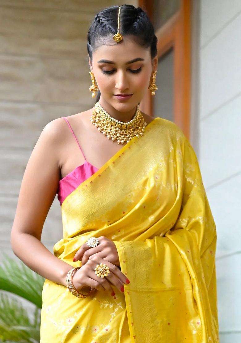 Corn Yellow Color Soft Silk Banarasi Silk Saree With Richness Of Zari With Traditional Woven Design For Women - Indya