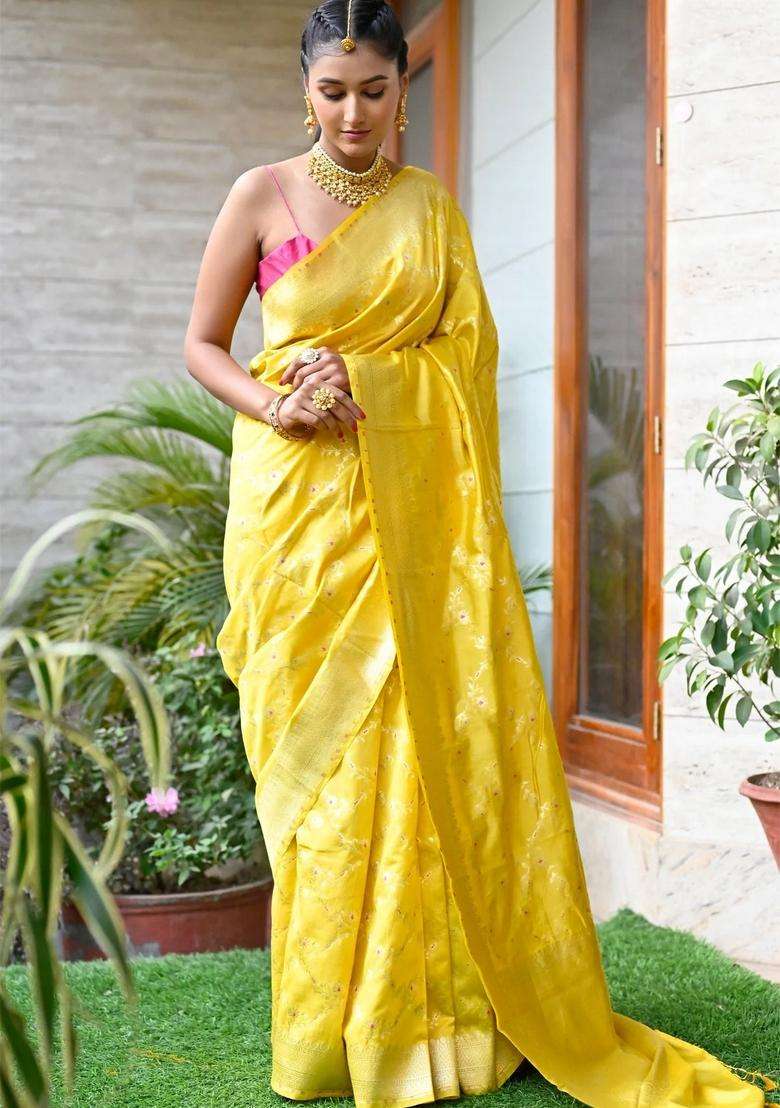 Corn Yellow Color Soft Silk Banarasi Silk Saree With Richness Of Zari With Traditional Woven Design For Women - Indya