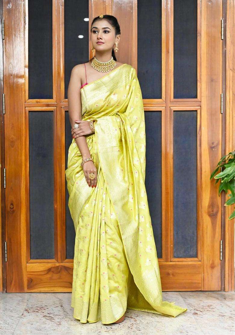 Yellow Soft Silk Banarasi Saree With Golden Zari Border And Heavy Pallu With Traditional Woven Design For Women - Indya