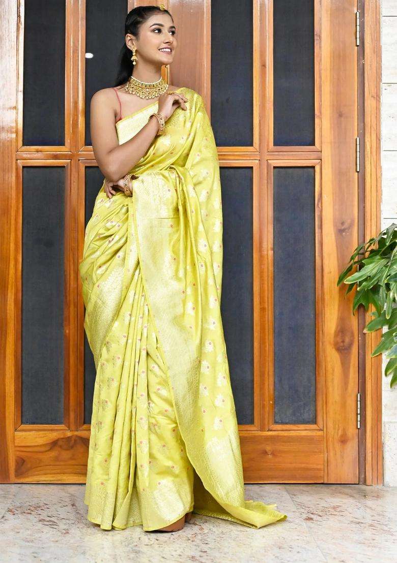 Yellow Soft Silk Banarasi Saree With Golden Zari Border And Heavy Pallu With Traditional Woven Design For Women - Indya
