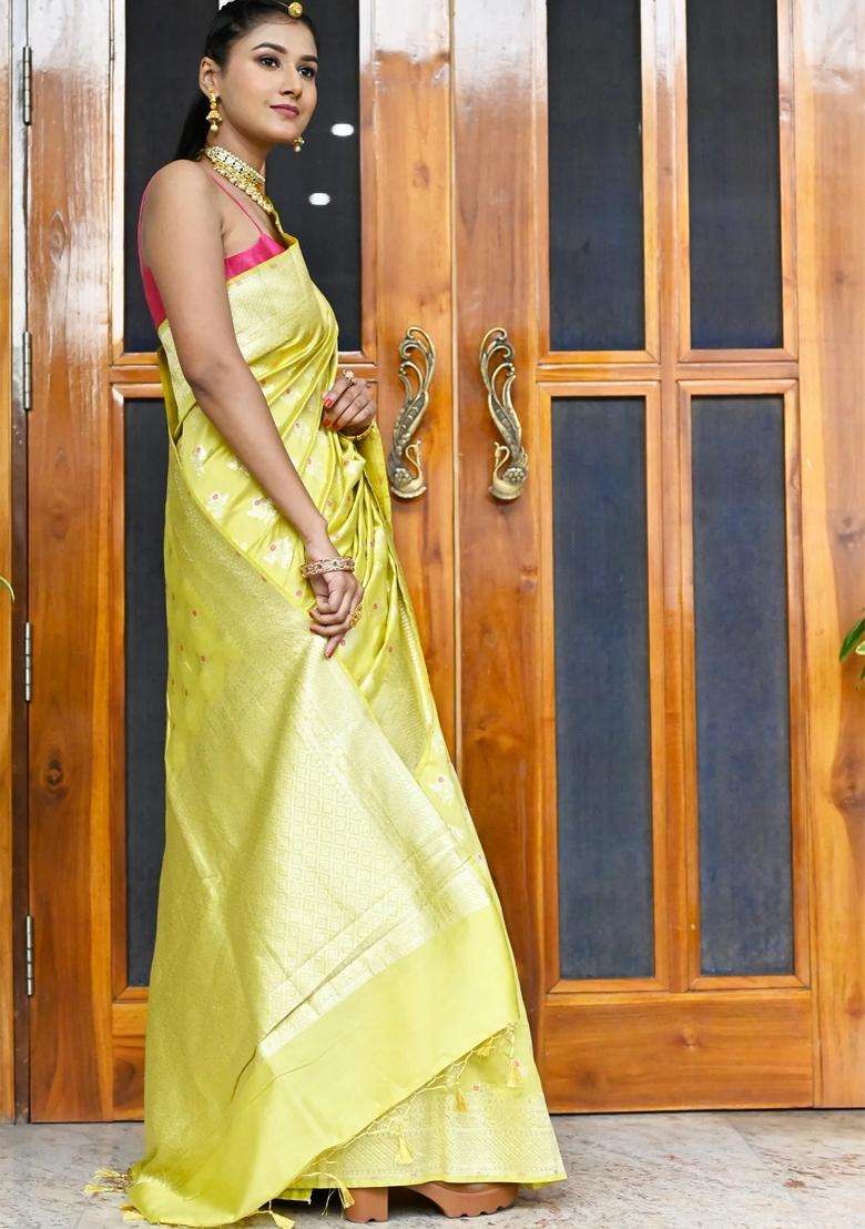 Yellow Soft Silk Banarasi Saree With Golden Zari Border And Heavy Pallu With Traditional Woven Design For Women - Indya