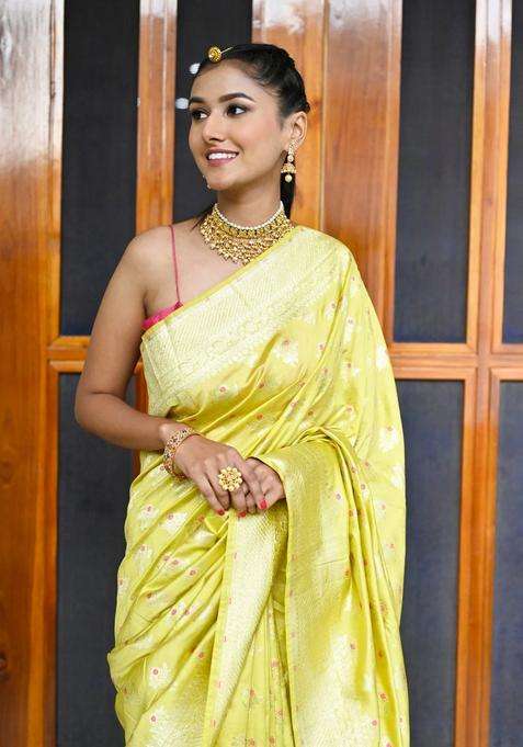 Yellow Soft Silk Banarasi Saree With Golden Zari Border And Heavy Pallu With Traditional Woven Design For Women
