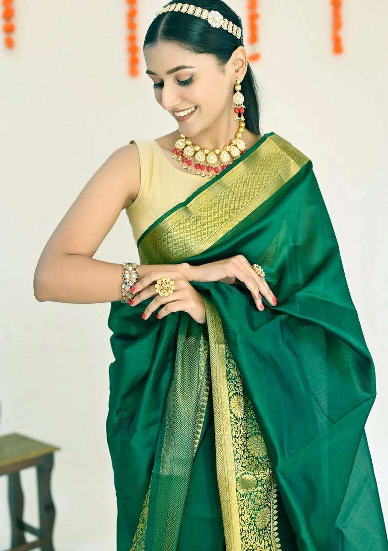 Bottle Green Color Plain Pure Banarasi Silk Saree Golden Zari Broad Border With Traditional Woven Design For Women - Indya