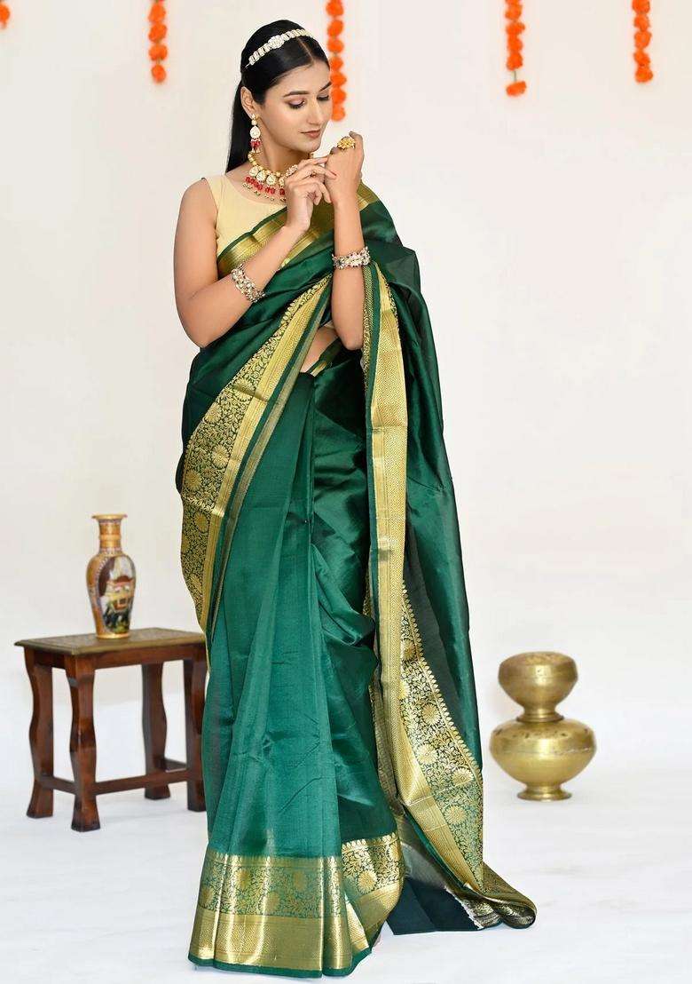 Bottle Green Color Plain Pure Banarasi Silk Saree Golden Zari Broad Border With Traditional Woven Design For Women - Indya