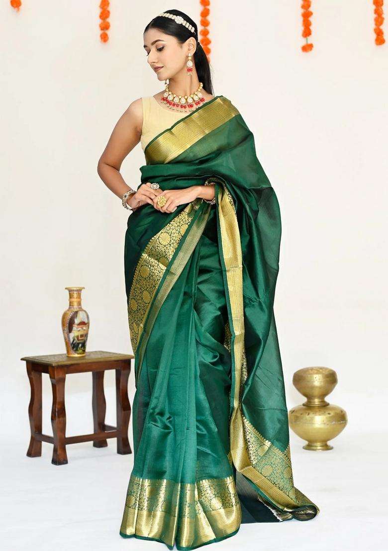 Bottle Green Color Plain Pure Banarasi Silk Saree Golden Zari Broad Border With Traditional Woven Design For Women - Indya