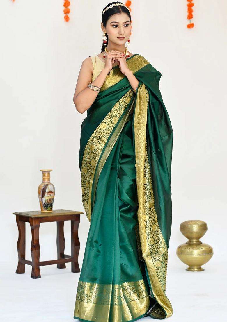 Bottle Green Color Plain Pure Banarasi Silk Saree Golden Zari Broad Border With Traditional Woven Design For Women - Indya