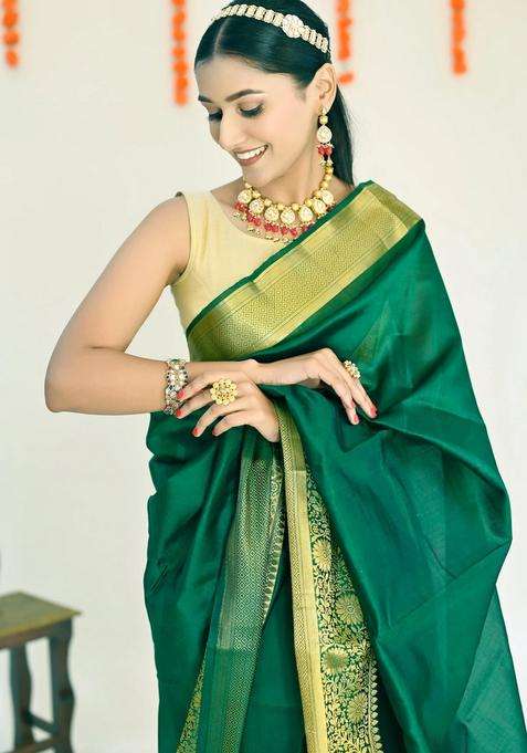 Bottle Green Color Plain Pure Banarasi Silk Saree Golden Zari Broad Border With Traditional Woven Design For Women