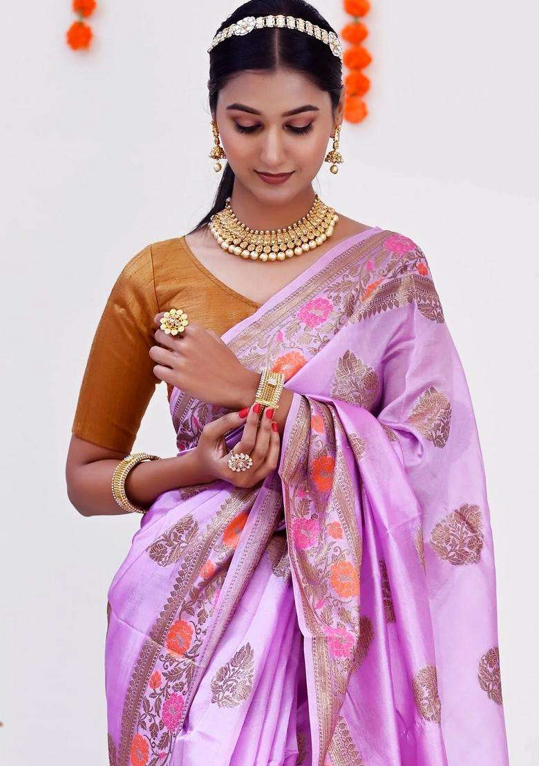 Mauve Color Pure Banarasi Silk Saree With Minakari Work On Border With Traditional Woven Design For Women - Indya