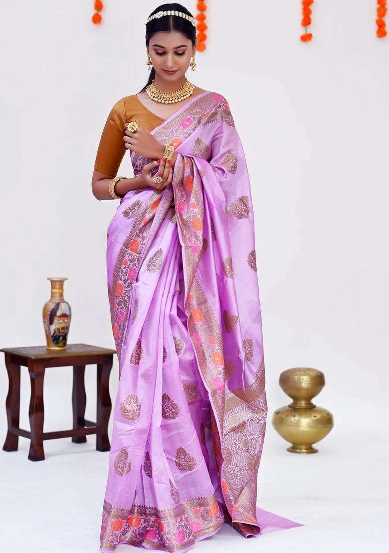 Mauve Color Pure Banarasi Silk Saree With Minakari Work On Border With Traditional Woven Design For Women - Indya