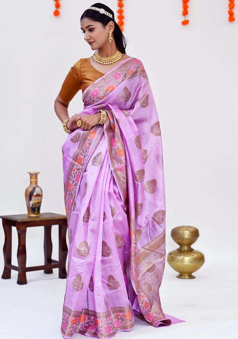 Mauve Color Pure Banarasi Silk Saree With Minakari Work On Border With Traditional Woven Design For Women - Indya